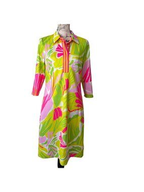 Gretchen Scott Women Size S Everywhere Dress Tropical 3/4 Sleeve Pink Green